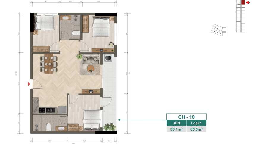 Mặt bằng chi tiết căn hộ CH-10 — 3PN, Loại 1, 80,1 m²