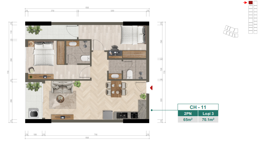 Mặt bằng chi tiết căn hộ CH-11 — 2PN, Loại 3, 65 m²