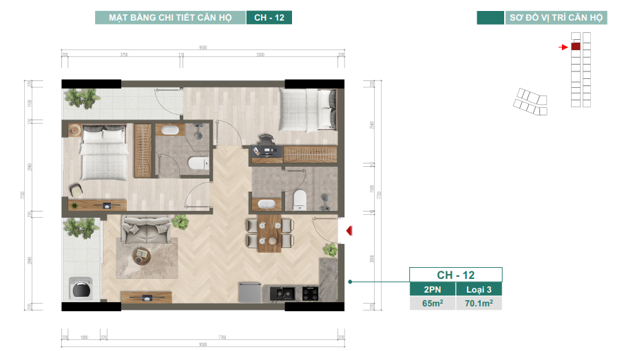 Mặt bằng chi tiết căn hộ CH-12 — 2PN, Loại 3, 65 m²