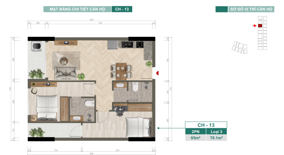 Mặt bằng chi tiết căn hộ CH-13 — 2PN, Loại 3, 65 m²