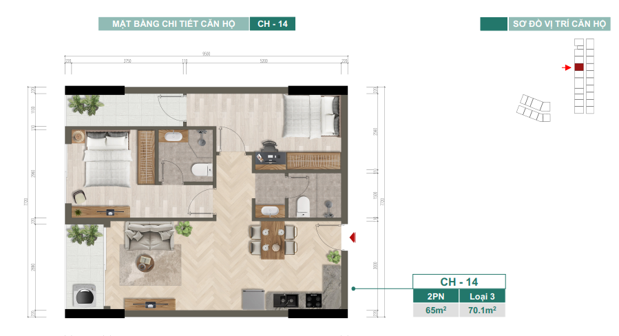 Mặt bằng chi tiết căn hộ CH-14 — 2PN, Loại 3, 65 m²