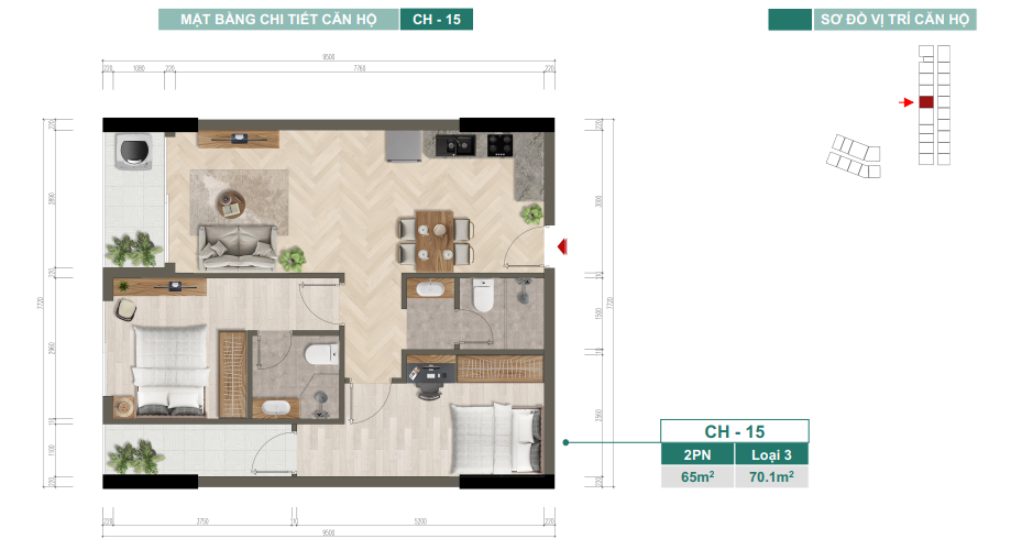 Mặt bằng chi tiết căn hộ CH-15 — 2PN, Loại 3, 65 m²