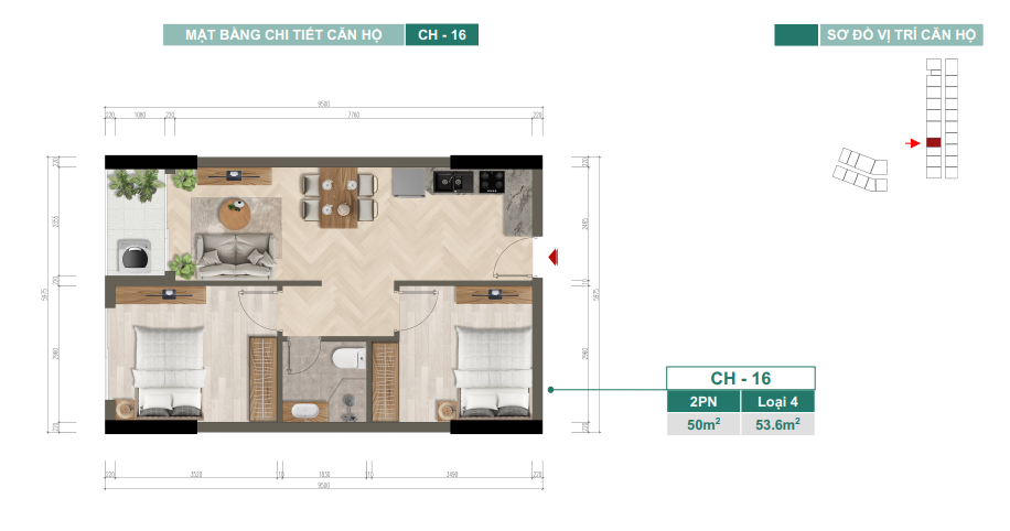 Mặt bằng chi tiết căn hộ CH-16 — 2PN, Loại 4, 50 m²