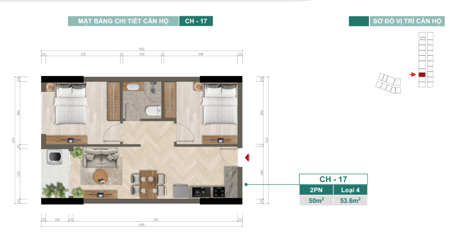 Mặt bằng chi tiết căn hộ CH-17 — 2PN, Loại 4, 50 m²
