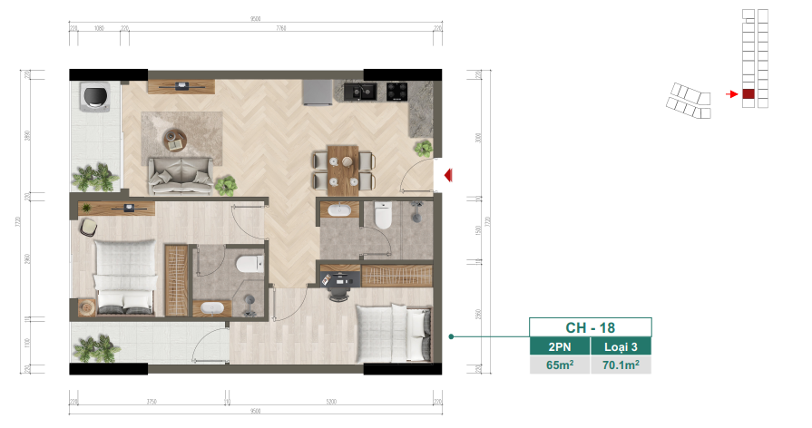 Mặt bằng chi tiết căn hộ CH-18 — 2PN, Loại 3, 65 m²