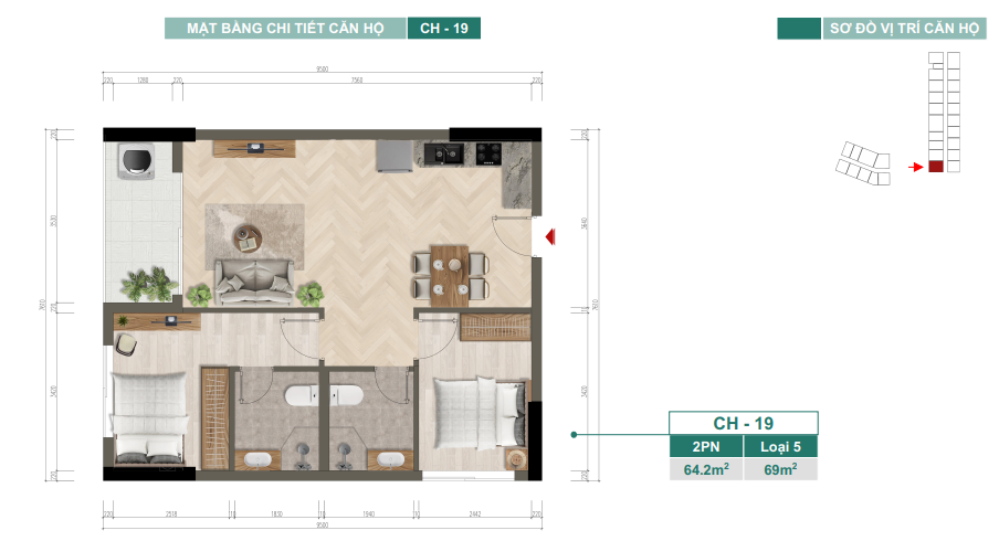 Mặt bằng chi tiết căn hộ CH-19 — 2PN, Loại 5, 64,2 m²