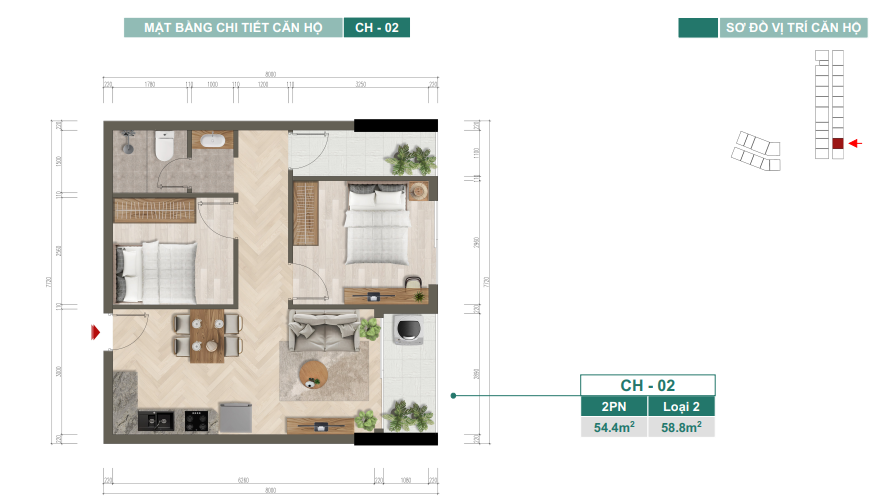 Mặt bằng chi tiết căn hộ CH-02 — 2PN, Loại 2, 54,4 m²