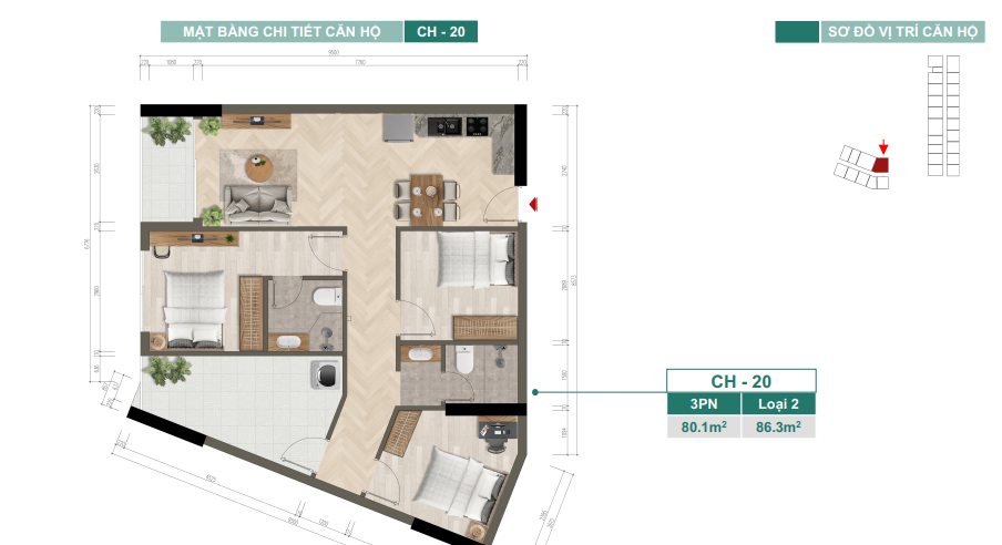 Mặt bằng chi tiết căn hộ CH-20 — 3PN, Loại 2, 80,1 m²