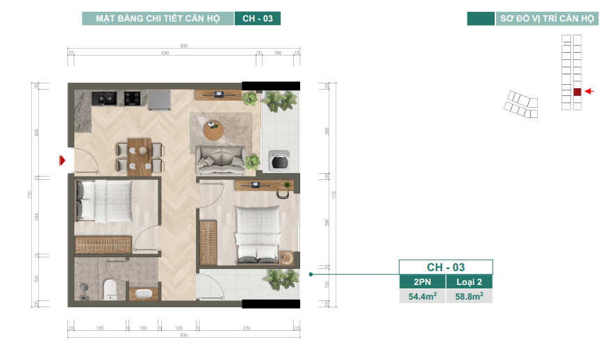 Mặt bằng chi tiết căn hộ CH-03 — 2PN, Loại 2, 54,4 m²