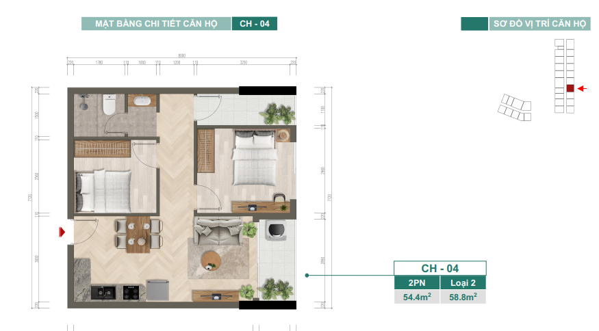 Mặt bằng chi tiết căn hộ CH-04 — 2PN, Loại 2, 54,4 m²