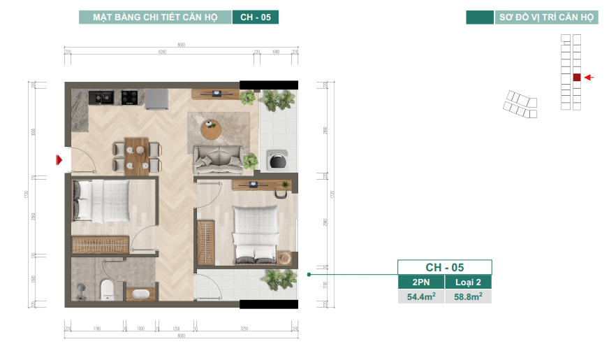 Mặt bằng chi tiết căn hộ CH-05 — 2PN, Loại 2, 54,4 m²