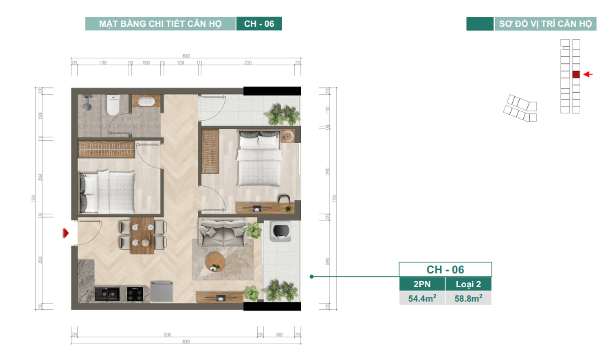 Mặt bằng chi tiết căn hộ CH-06 — 2PN, Loại 2, 54,4 m²