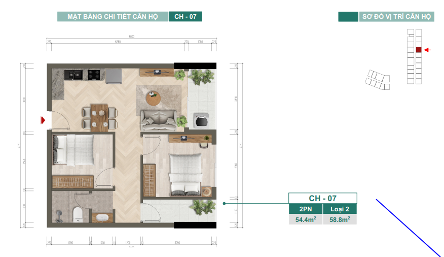 Mặt bằng chi tiết căn hộ CH-07 — 2PN, Loại 2, 54,4 m²