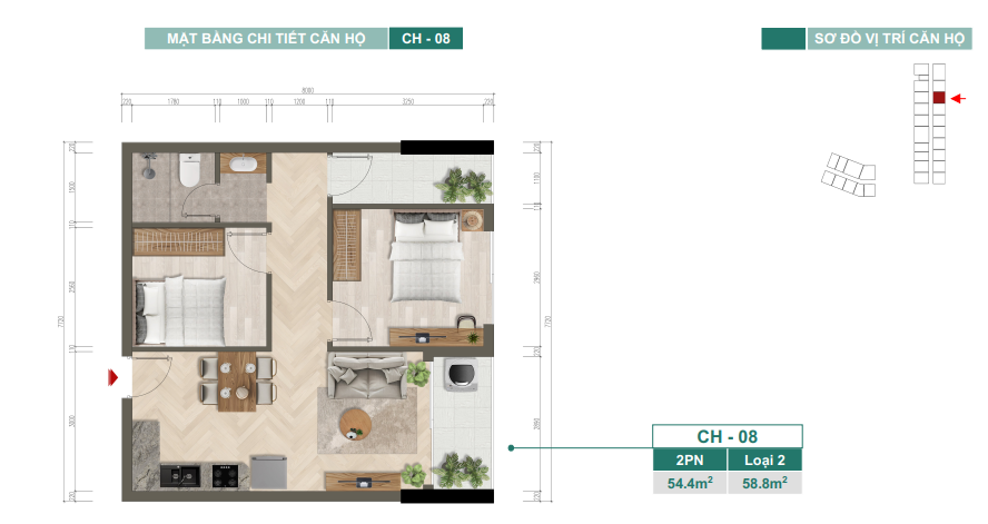 Mặt bằng chi tiết căn hộ CH-08 — 2PN, Loại 2, 54,4 m²